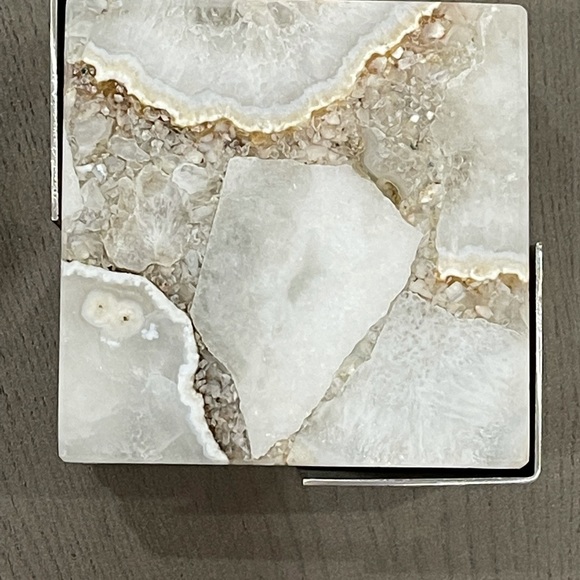 ZODAX  CRETE AGATE COASTERS ON METAL TRAY TAUPE/WHITE - SET OF 4  - NEW IN BOX - Picture 4 of 5
